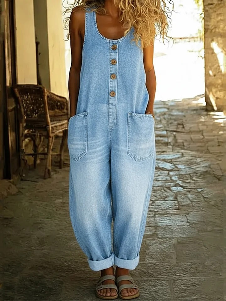 Women's Sleeveless Washed Cotton Denim Jumpsuit